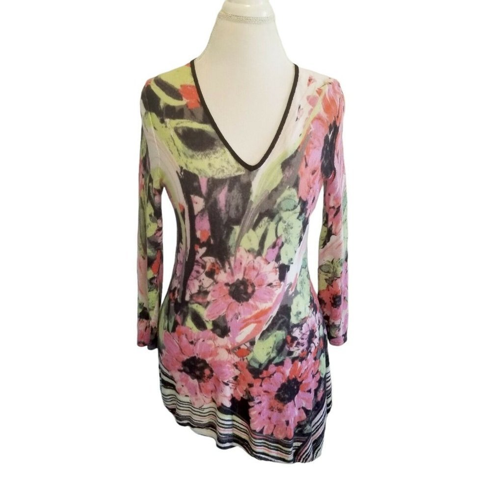 NIC + ZOE Floral Assymetrical Thin Sweater Vneck Linen Viscose Black Pink S/M‎